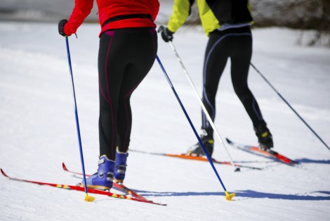 Couple cross-country skiing